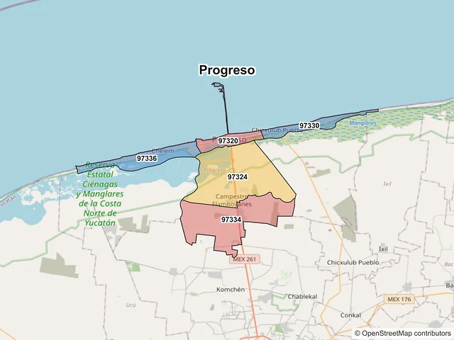 Mapa de códigos postales de Progreso, Yucatán
