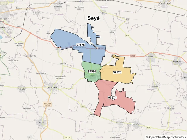 Mapa de códigos postales de Seyé, Yucatán