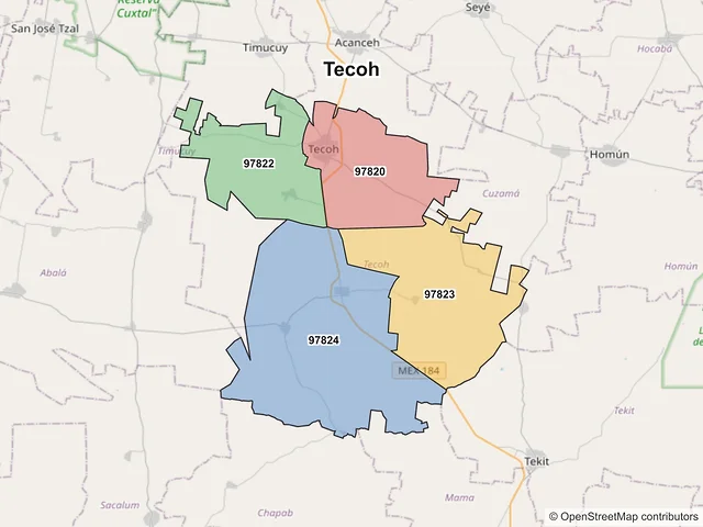 Mapa de códigos postales de Tecoh, Yucatán