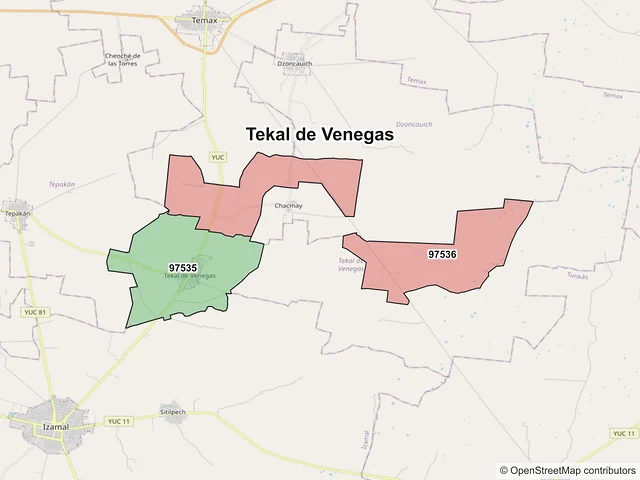 Mapa de códigos postales de Tekal de Venegas, Yucatán