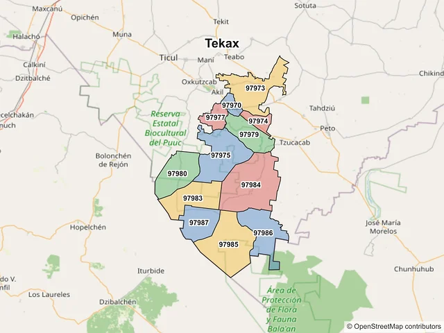 Mapa de códigos postales de Tekax, Yucatán