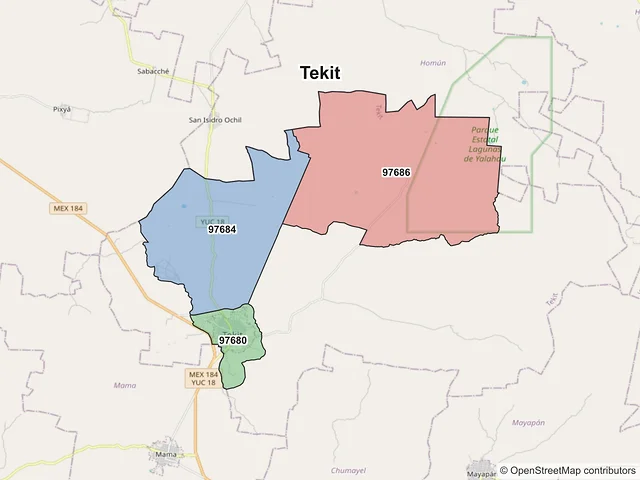 Mapa de códigos postales de Tekit, Yucatán