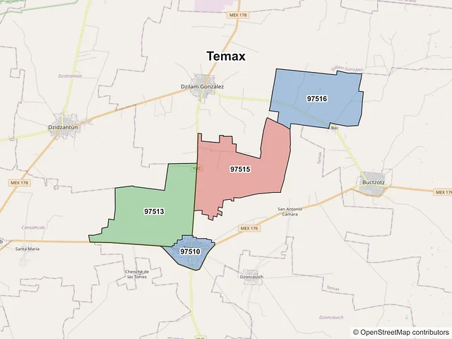 Mapa de códigos postales de Temax, Yucatán