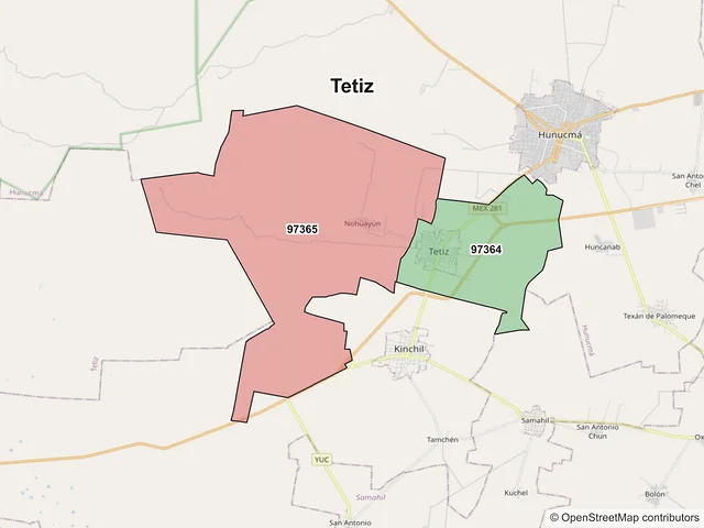 Mapa de códigos postales de Tetiz, Yucatán