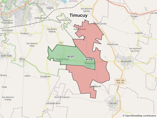 Mapa de códigos postales de Timucuy, Yucatán