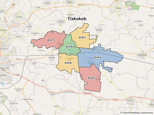 Mapa de códigos postales de Tixkokob, Yucatán