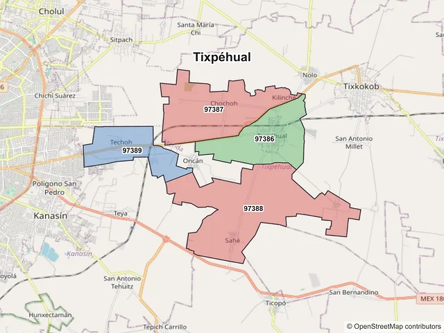 Mapa de códigos postales de Tixpéhual, Yucatán