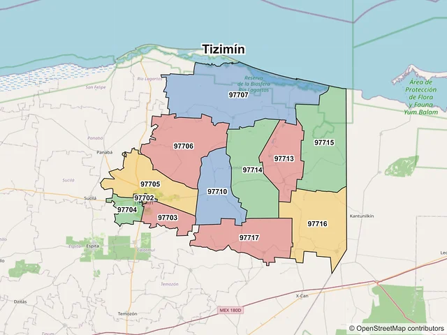 Mapa de códigos postales de Tizimín, Yucatán