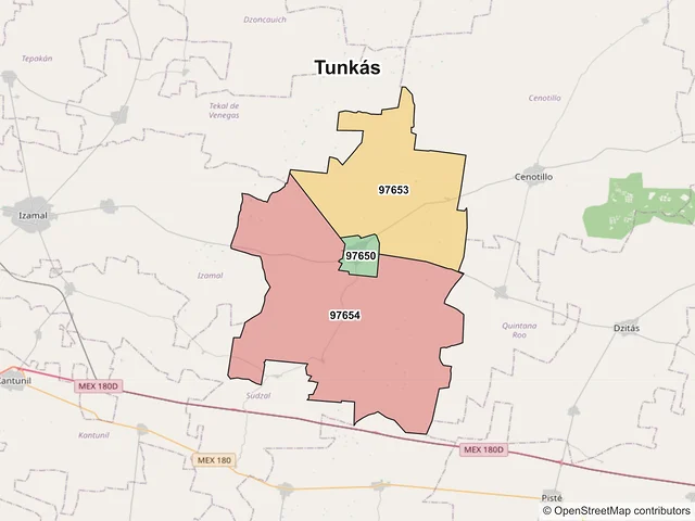 Mapa de códigos postales de Tunkás, Yucatán