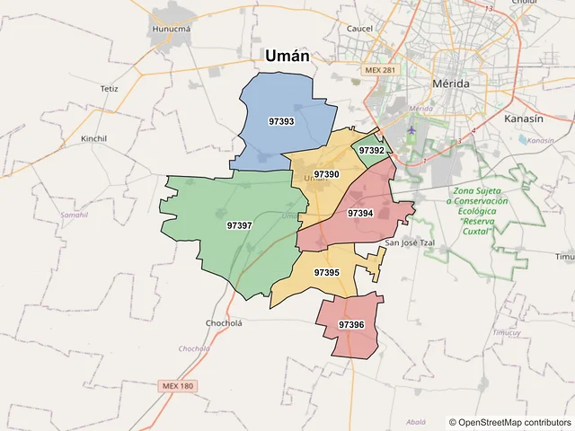 Mapa de códigos postales de Umán, Yucatán