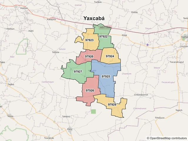 Mapa de códigos postales de Yaxcabá, Yucatán