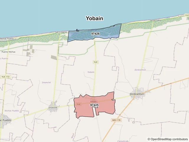 Mapa de códigos postales de Yobaín, Yucatán