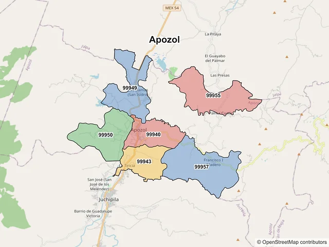 Mapa de códigos postales de Apozol, Zacatecas