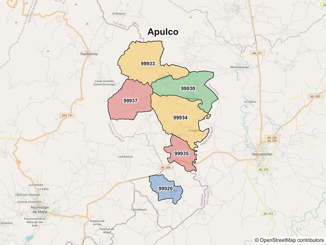 Mapa de códigos postales de Apulco, Zacatecas