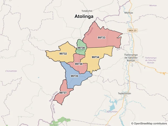 Mapa de códigos postales de Atolinga, Zacatecas