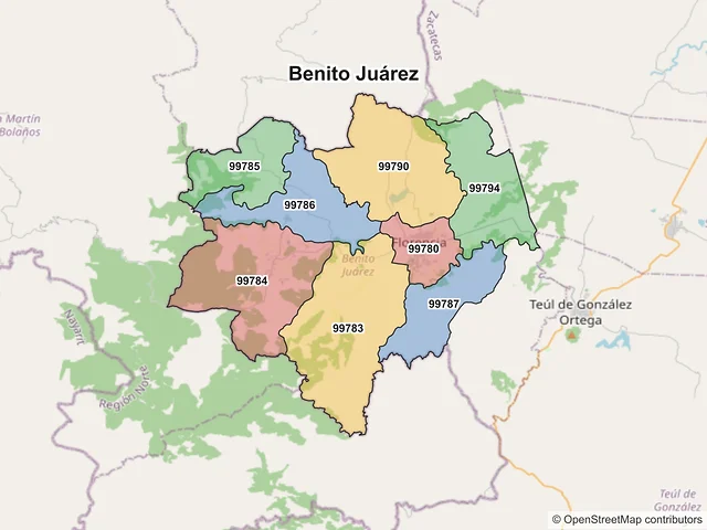 Mapa de códigos postales de Benito Juárez, Zacatecas