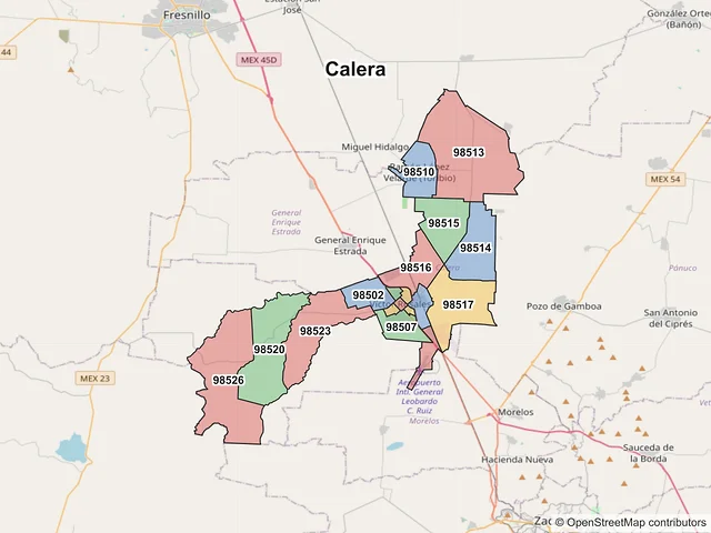 Mapa de códigos postales de Calera, Zacatecas
