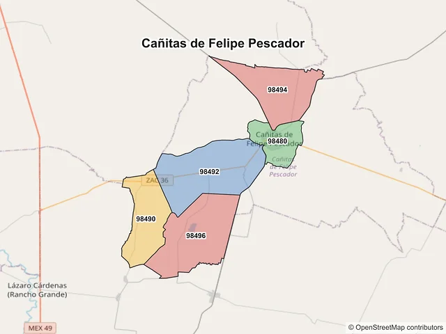 Mapa de códigos postales de Cañitas de Felipe Pescador, Zacatecas