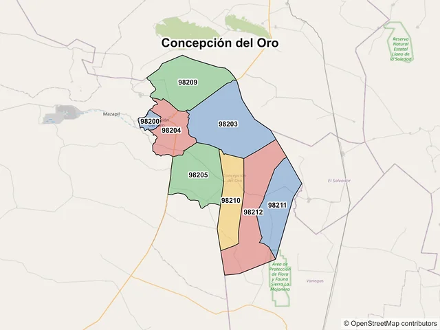 Mapa de códigos postales de Concepción del Oro, Zacatecas