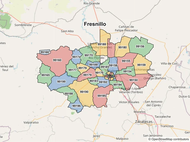 Mapa de códigos postales de Fresnillo, Zacatecas
