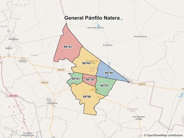 Mapa de códigos postales de General Pánfilo Natera, Zacatecas
