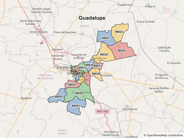 Mapa de códigos postales de Guadalupe, Zacatecas