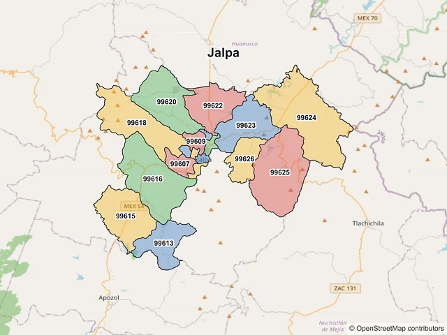Mapa de códigos postales de Jalpa, Zacatecas