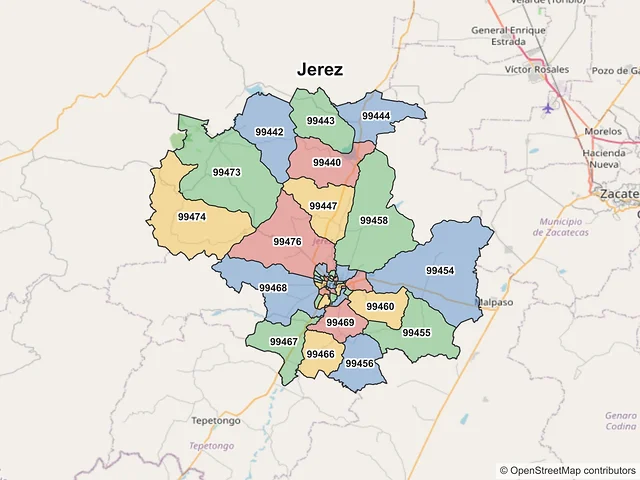 Mapa de códigos postales de Jerez, Zacatecas