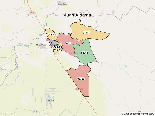 Mapa de códigos postales de Juan Aldama, Zacatecas