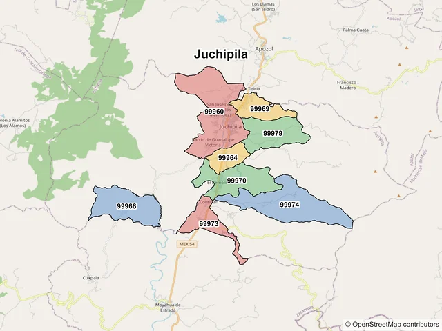 Mapa de códigos postales de Juchipila, Zacatecas