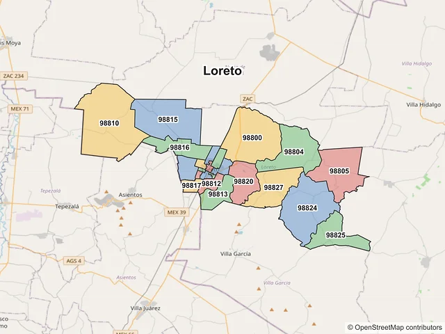 Mapa de códigos postales de Loreto, Zacatecas