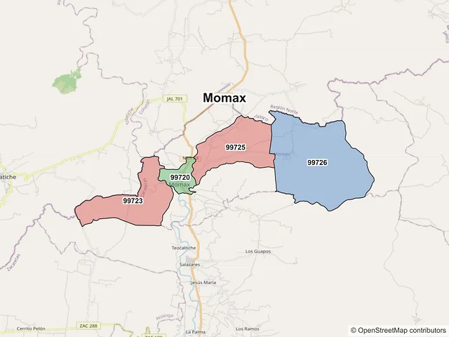 Mapa de códigos postales de Momax, Zacatecas