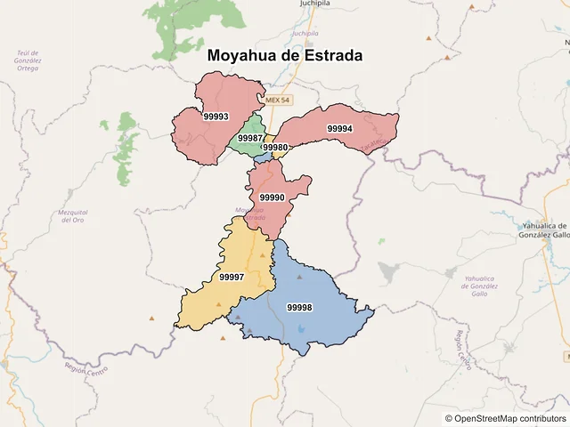 Mapa de códigos postales de Moyahua de Estrada, Zacatecas