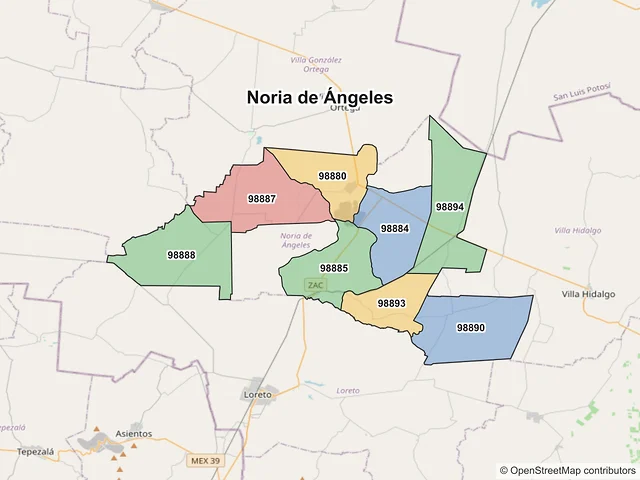 Mapa de códigos postales de Noria de Ángeles, Zacatecas