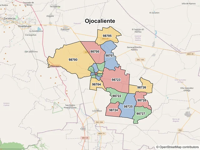 Mapa de códigos postales de Ojocaliente, Zacatecas