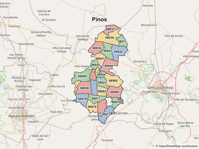 Mapa de códigos postales de Pinos, Zacatecas