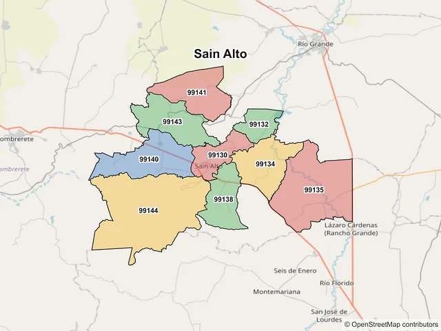 Mapa de códigos postales de Sain Alto, Zacatecas