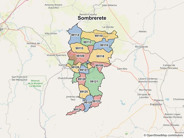 Mapa de códigos postales de Sombrerete, Zacatecas