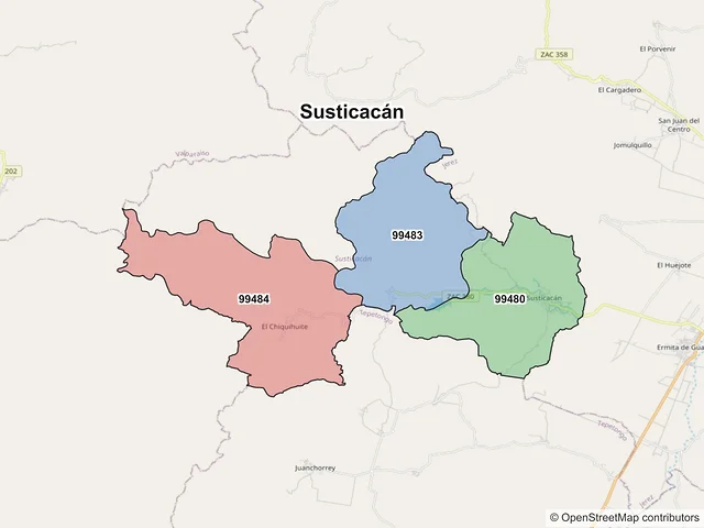 Mapa de códigos postales de Susticacán, Zacatecas