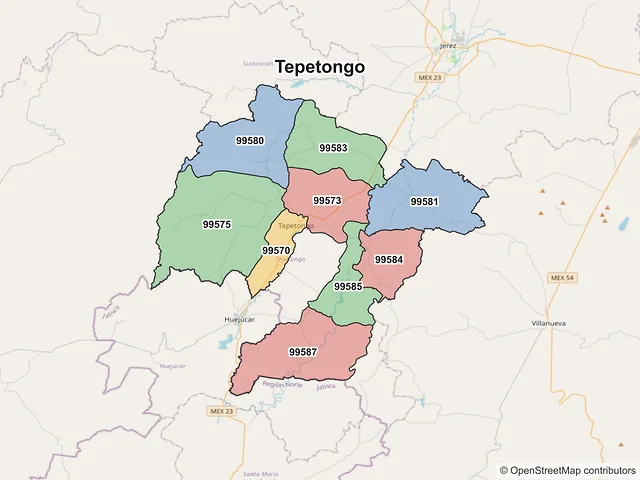 Mapa de códigos postales de Tepetongo, Zacatecas