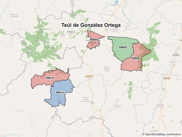 Mapa de códigos postales de Teúl de González Ortega, Zacatecas