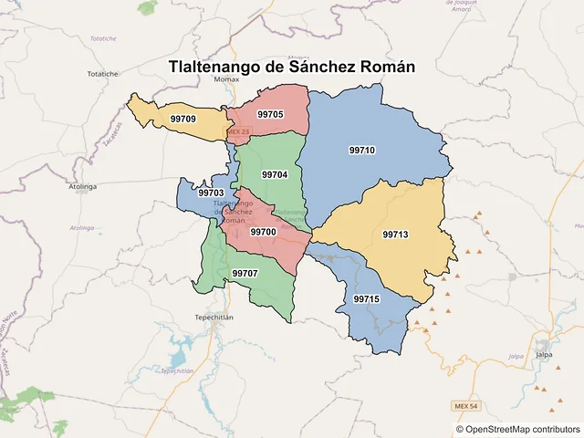 Mapa de códigos postales de Tlaltenango de Sánchez Román, Zacatecas