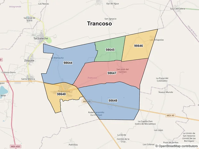 Mapa de códigos postales de Trancoso, Zacatecas