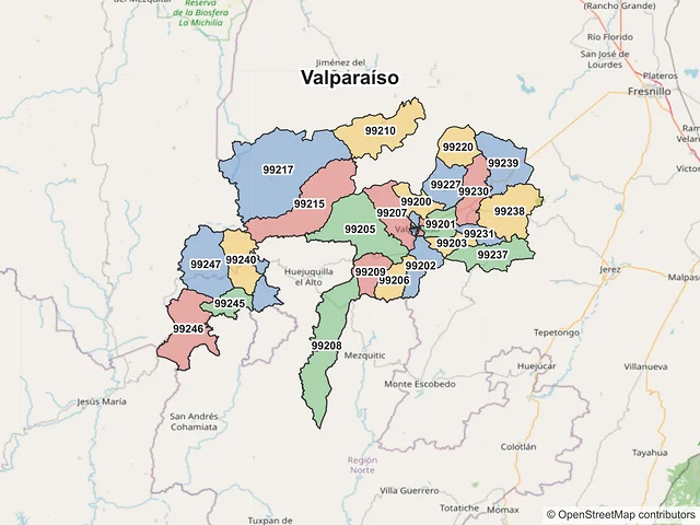 Mapa de códigos postales de Valparaíso, Zacatecas
