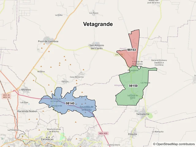 Mapa de códigos postales de Vetagrande, Zacatecas