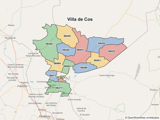 Mapa de códigos postales de Villa de Cos, Zacatecas