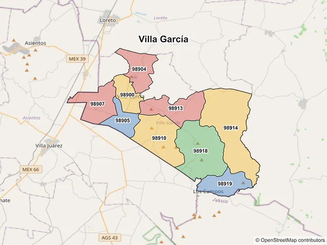 Mapa de códigos postales de Villa García, Zacatecas