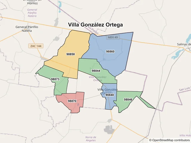 Mapa de códigos postales de Villa González Ortega, Zacatecas