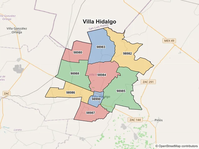 Mapa de códigos postales de Villa Hidalgo, Zacatecas