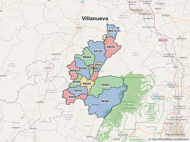 Mapa de códigos postales de Villanueva, Zacatecas